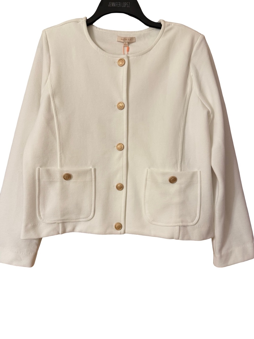 Skies Are Blue White Round-Neck Button Jacket with Patch Pockets